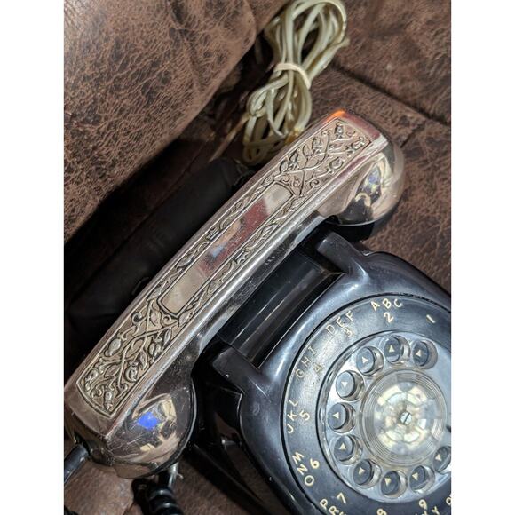 Vintage Black Rotary Dial Desk Telephone w/ Ornate Silver Receiver Phone RARE! - Picture 2 of 6